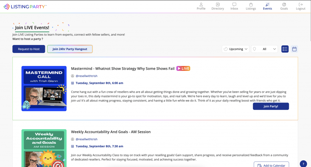 Listing party events section